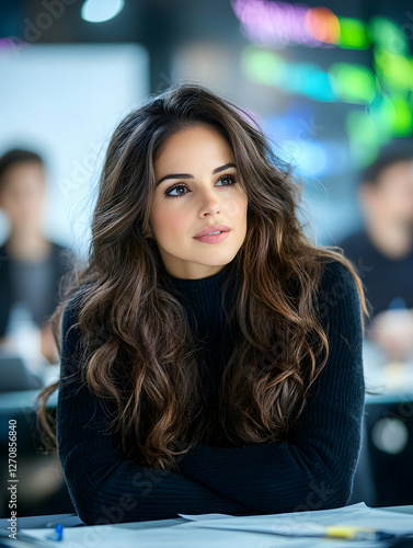 Wallpaper Mural Brunette woman looks up, at meeting with diverse coworkers, bright office space Torontodigital.ca