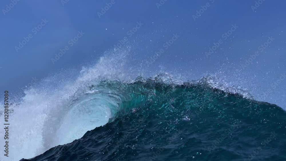 Perfect blue ocean wave breaks on the shore in Indonesia.Slow motion video.View from the water Perfect blue ocean wave breaks on the shore in Indonesia.Slow motion video.View from the water