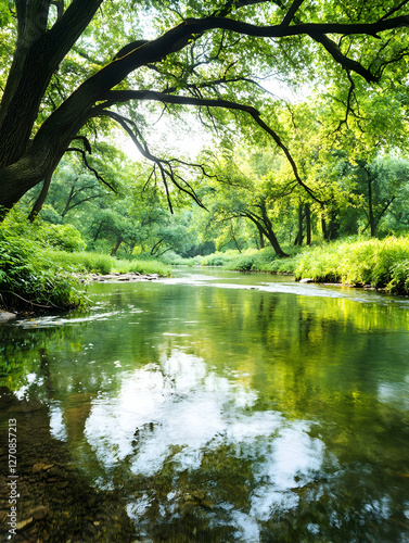 Calm river flows through a forest scene, reflecting trees for nature beauty