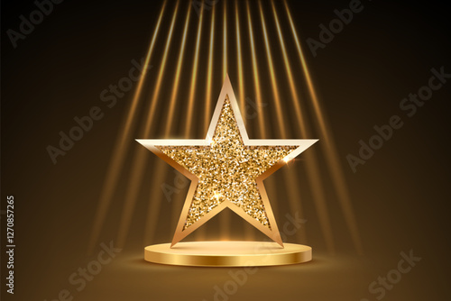 Gold podium with glitter star on top and spotlights rays. Golden award platform isolated on black background. Abstract vector illustration for product presentation or winner ceremony.