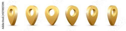 Golden map pins set. 3D gold pointers isolated on white background. Location symbols in various angles. Realistic vector illustrations.