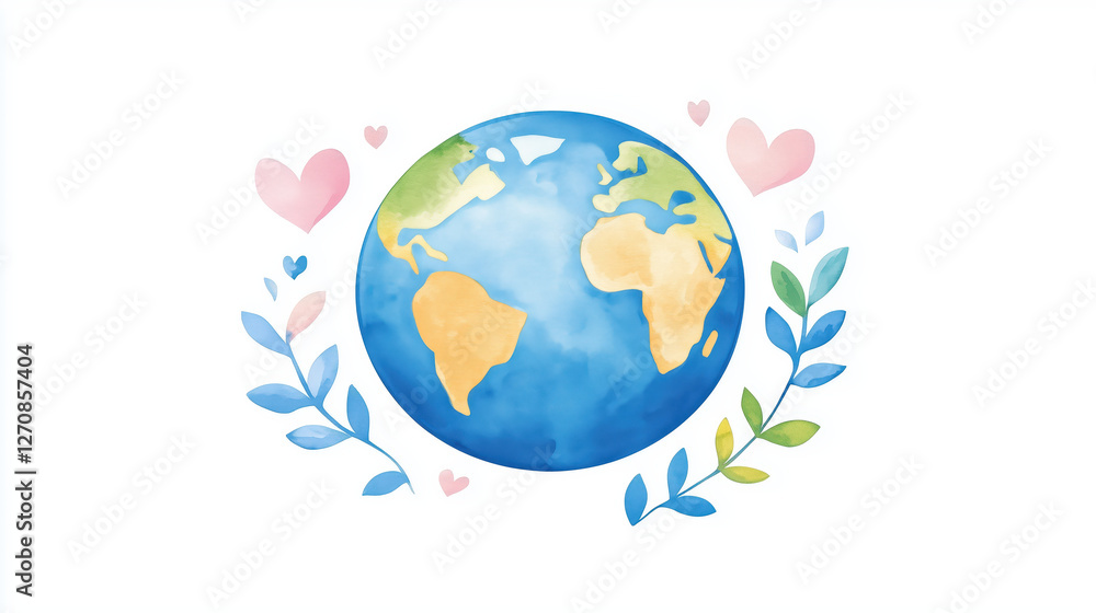 watercolor Earth with green continents and soft hearts watercolor Earth with green continents and soft hearts
