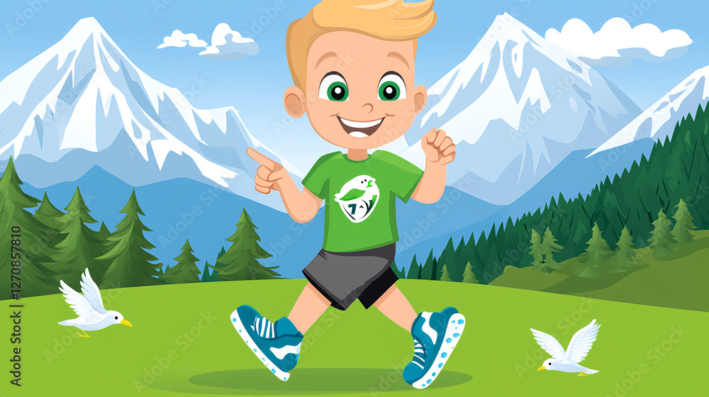Obraz premium Child running joyfully in a mountain landscape nature illustration bright environment cheerful viewpoint