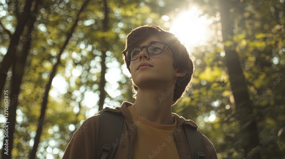 Naklejka premium Myopia prevention with a young man wearing glasses hiking in the forest. Hiking boots, trees, sunlight