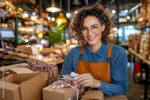 Cheerful small business owner packing orders in a local shop for delivery service