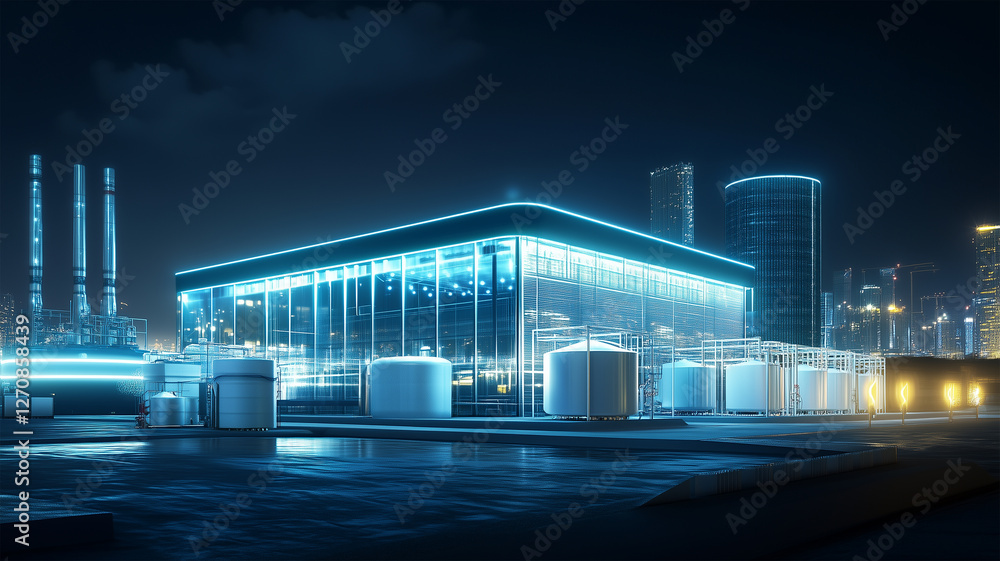 Fototapeta premium 水素燃料電池による発電でライトアップされた未来都市の建物