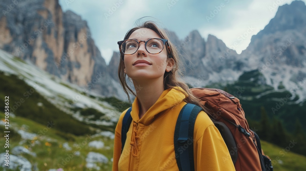 Myopia prevention with a young woman wearing glasses hiking in the mountains. Backpack, trail, nature Myopia prevention with a young woman wearing glasses hiking in the mountains. Backpack, trail, nature