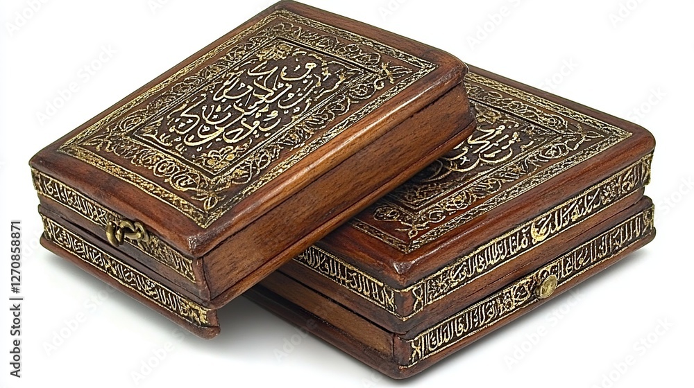 Fototapeta premium Ornate wooden boxes, Arabic calligraphy, white background, gift packaging