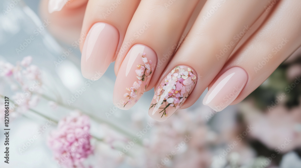 Beautiful soft pink nails with delicate floral accents, creating a charming and feminine nail design.