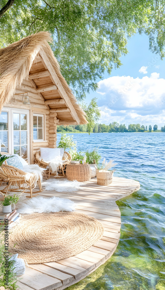 Fototapeta premium Cozy cottage on lake terrace, tranquil scene, trees, water, sunny day. Tourism