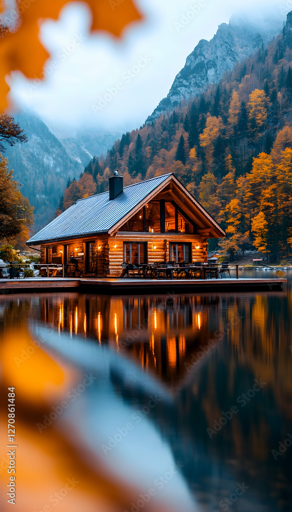 Fototapeta premium Cozy log cabin reflecting on lake surrounded by autumn foliage against mountains