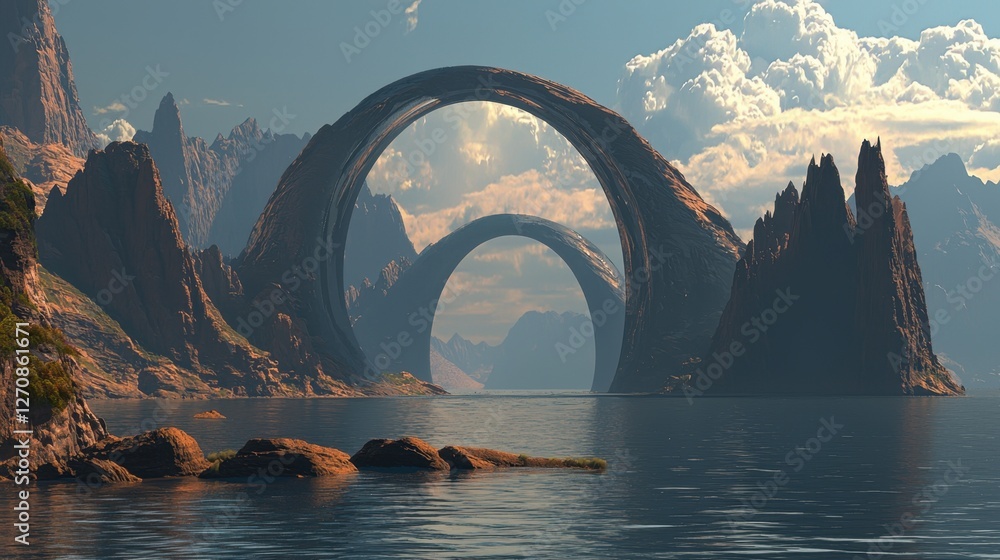 Fototapeta premium A surreal dreamscape with vast, calm ocean waters, floating mirror arches, and towering rocky mountains in the distance.
