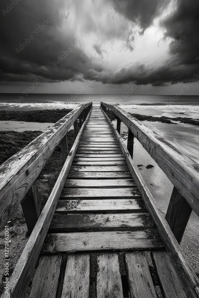 Fototapeta premium Wooden footbridge to sandy beach in Armacao de Pera coastal town, Algarve region, Portugal