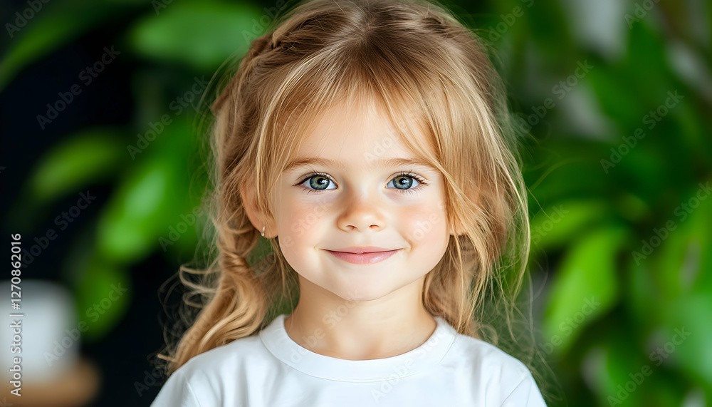 Cute child posing smiling. Headshot portrait near green plant backdrop. Joyful shot Cute child posing smiling. Headshot portrait near green plant backdrop. Joyful shot