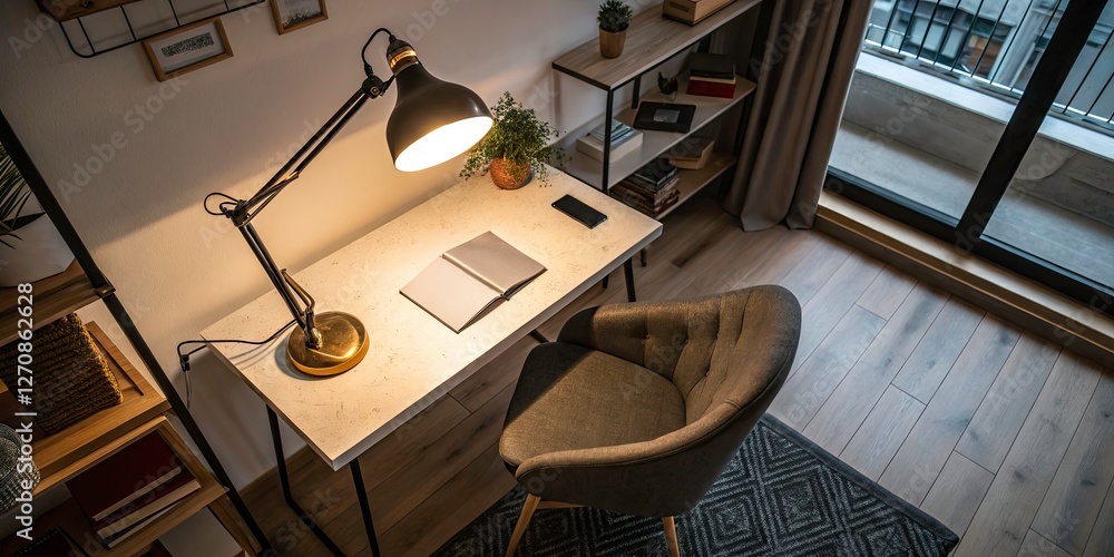 Obraz premium Aerial View of a Cozy Dark Room with a Desk Lamp Illuminating the Space, Perfect for Living Room or Office Interior Design and Home Decor Ideas