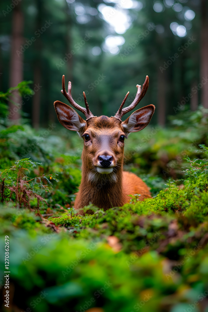 Deer lying on green ferns in the forest, looking towards the camera, for nature ads Deer lying on green ferns in the forest, looking towards the camera, for nature ads