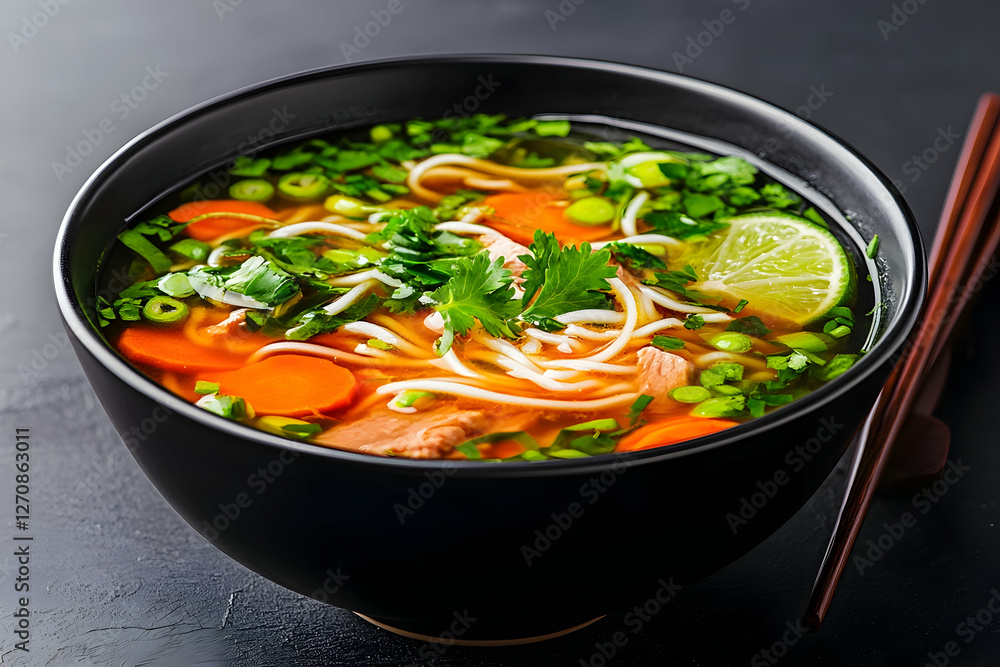 Delicious noodle soup, vibrant herbs, dark bowl, textured background, food photography Delicious noodle soup, vibrant herbs, dark bowl, textured background, food photography
