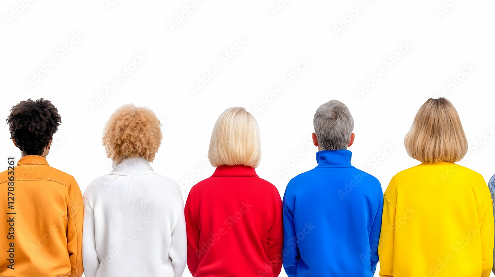 Diverse group looks forward, backs visible, isolated, promoting teamwork, diversity Diverse group looks forward, backs visible, isolated, promoting teamwork, diversity