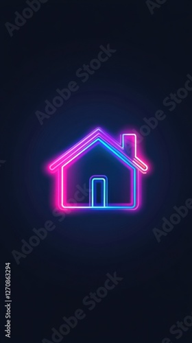 Bright neon house outline glowing against a dark background creates a vibrant visual representation of home and comfort for modern digital aesthetics