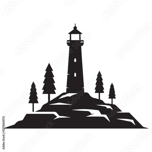 Lighthouse on Cliff Silhouette Illustration of Maritime Scenery