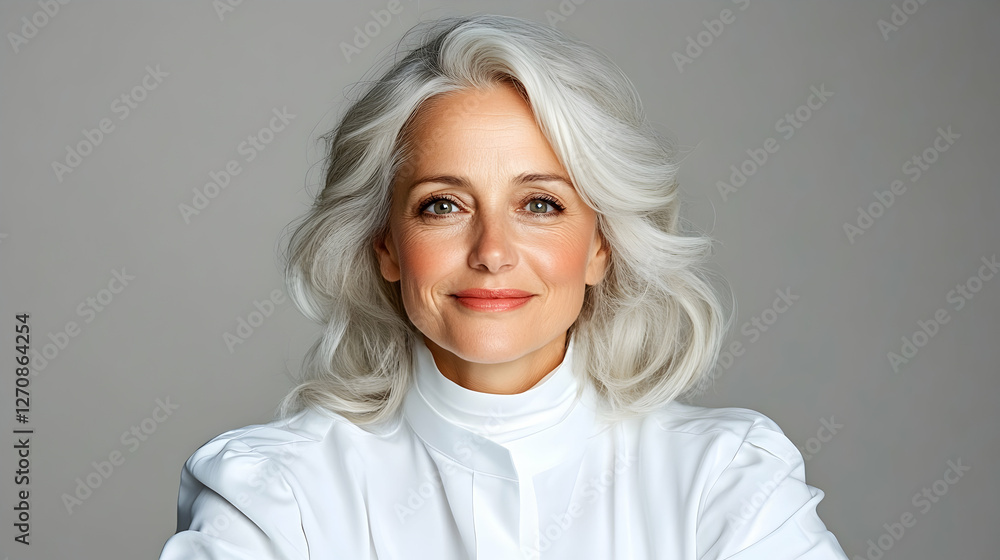 Fototapeta premium Elegant senior woman posing with gray hair for beauty product advertisement in studio