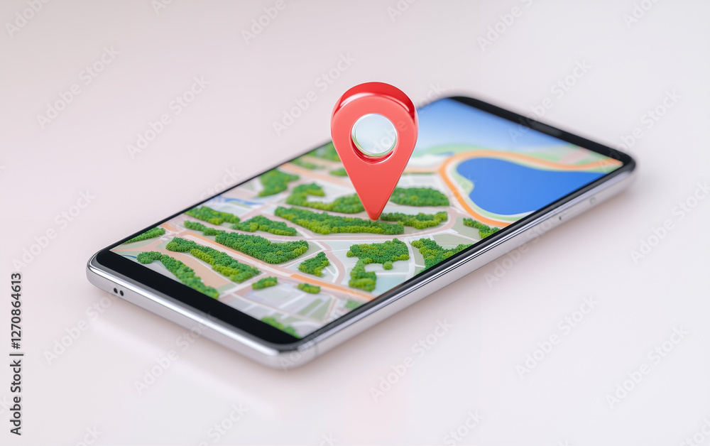 Smartphone with Map and Location Pin. Smartphone displays a map with a location pin on the screen. The map shows roads green areas and a body of water on smartphone Smartphone with Map and Location Pin. Smartphone displays a map with a location pin on the screen. The map shows roads green areas and a body of water on smartphone