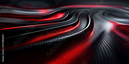 Dynamic carbon fiber fabric waves with red and black patterns flowing gracefully under soft light. wide panorama automotive high tech modern technology background