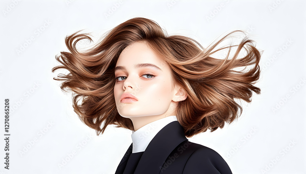 Female Model Showcasing Hair Style for Beauty Product on a White Background Female Model Showcasing Hair Style for Beauty Product on a White Background