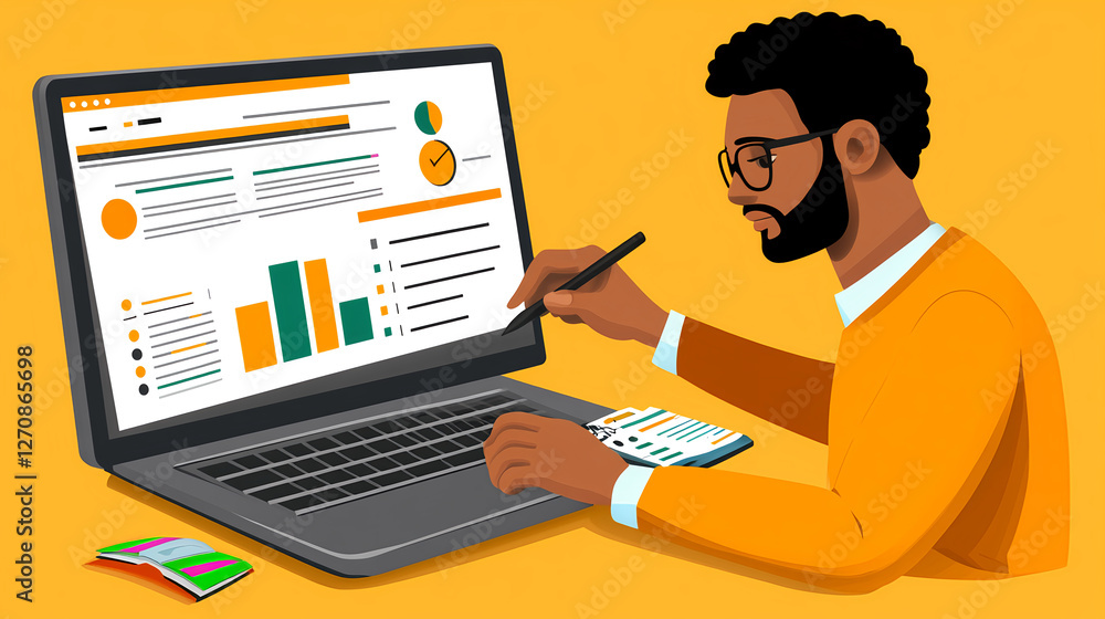 Analyzing business data trends office digital illustration bright environment close-up view data visualization concepts Analyzing business data trends office digital illustration bright environment close-up view data visualization concepts