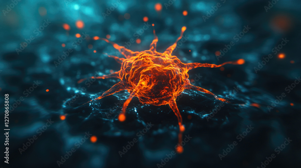 A vibrant depiction of a virus or pathogen, showcasing intricate details and glowing textures against a dark, abstract background. A vibrant depiction of a virus or pathogen, showcasing intricate details and glowing textures against a dark, abstract background.