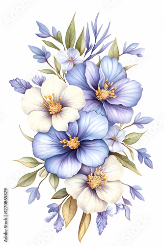 Floral bouquet with blue and white blossoms and foliage for wedding or nature design