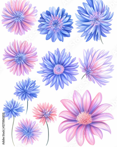 Floral design elements, isolated daisies in pastel colors on white for graphic design