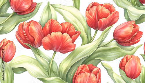 Floral pattern featuring red tulips and green leaves on a white background for design