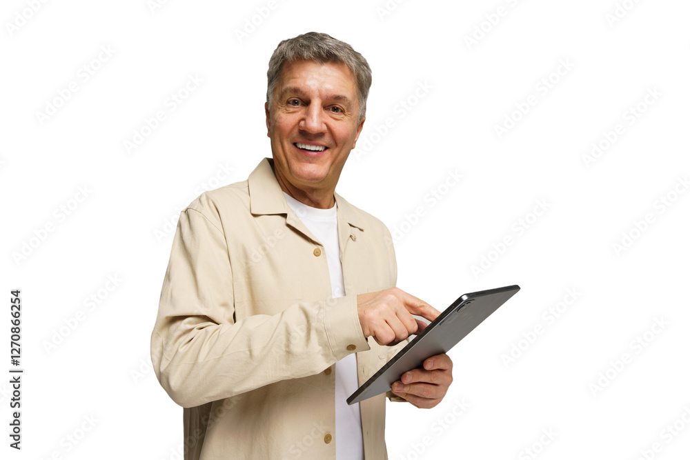 Smiling man using a tablet while standing against a plain background in a bright setting Smiling man using a tablet while standing against a plain background in a bright setting