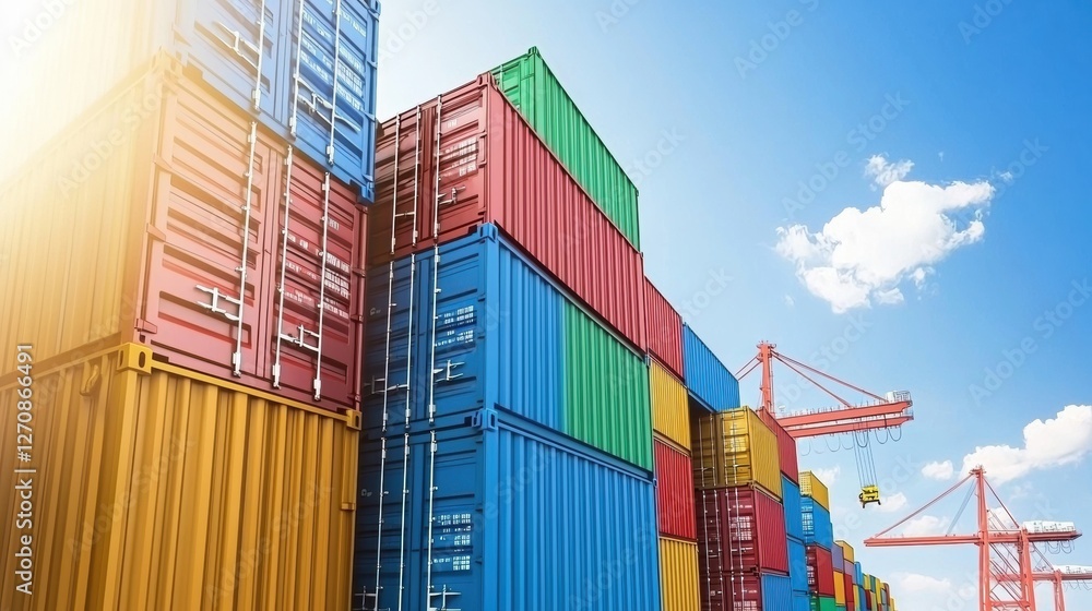 Fototapeta premium Colorful shipping containers stacked at a busy port under a bright, clear sky, symbolizing global trade and logistics efficiency.