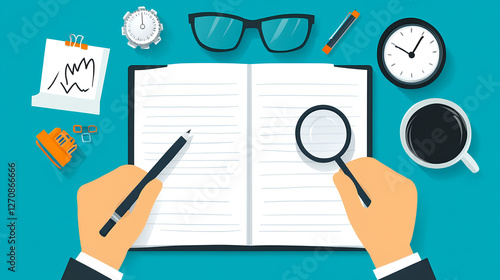 Analyzing work productivity home office visual content organized environment elevated perspective focused approach
