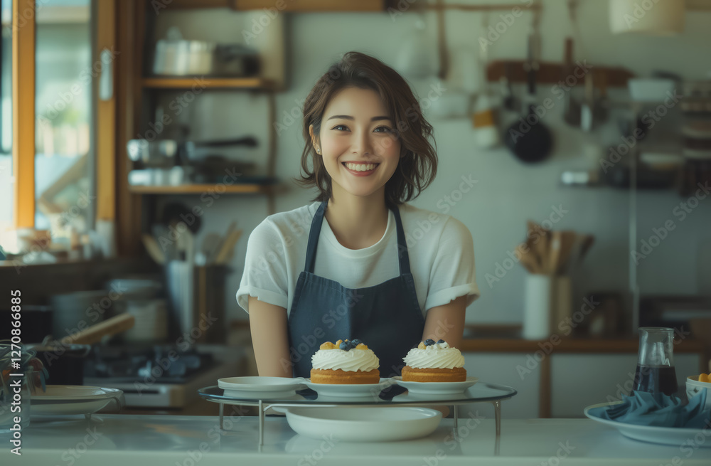 remote workwoman in cozy kitchen smiles warmly while presenting two beautifully decorated cakes on counter, creating welcoming and cheerful atmosphere remote workwoman in cozy kitchen smiles warmly while presenting two beautifully decorated cakes on counter, creating welcoming and cheerful atmosphere