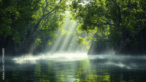 Wallpaper Mural Serene forest scene with sunlight filtering through lush trees, reflecting on a calm water surface, creating a tranquil and enchanting atmosphere. Torontodigital.ca