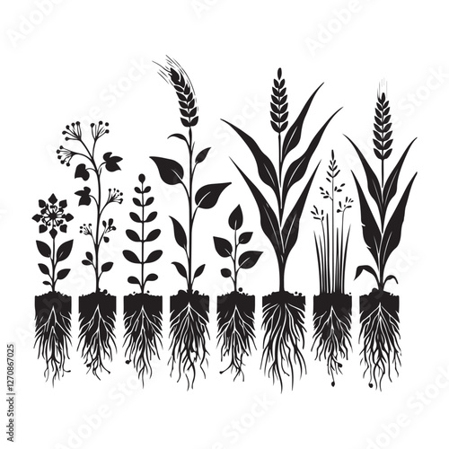 Diverse Plants With Roots Vector Art Illustration for Botany Studies