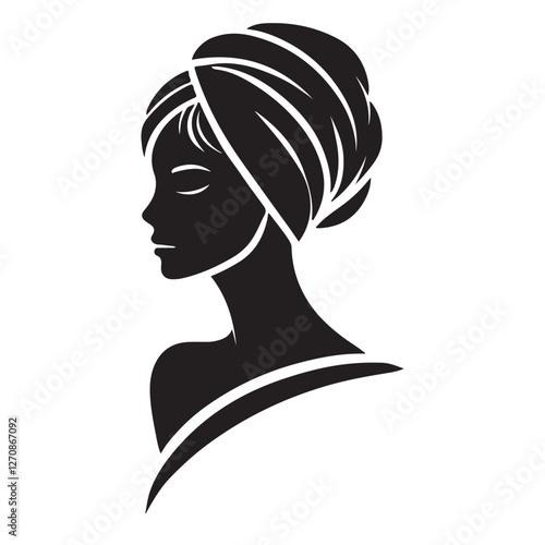 Elegant woman with towel on head silhouette for spa logo design