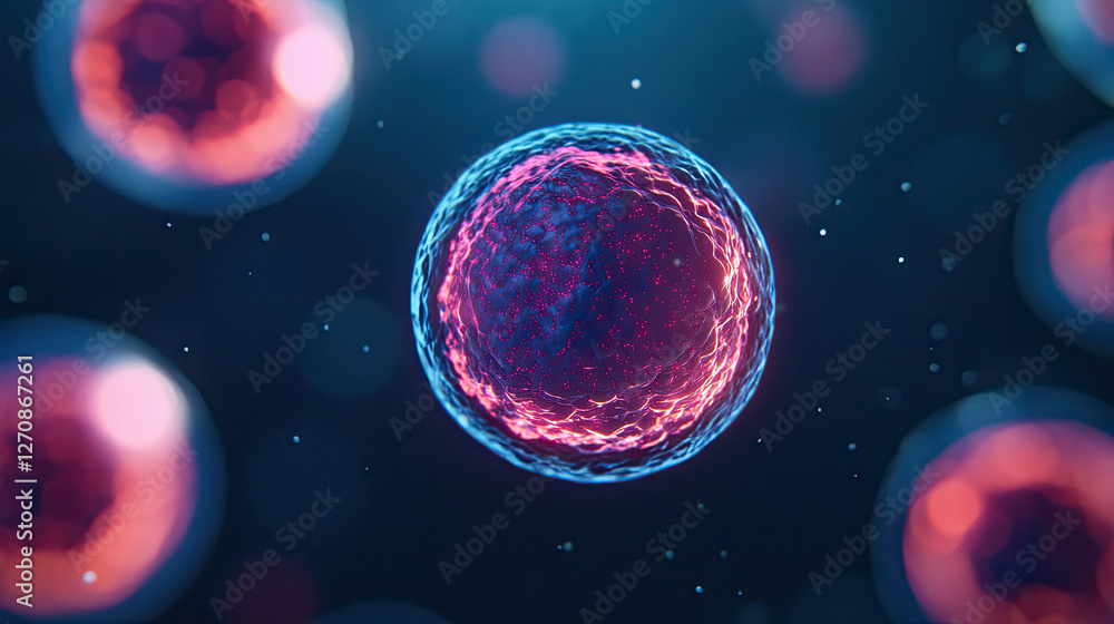 Naklejka premium A vibrant depiction of a cell, showcasing intricate details and structures, set against a dark background, embodying the complexities of biological life.