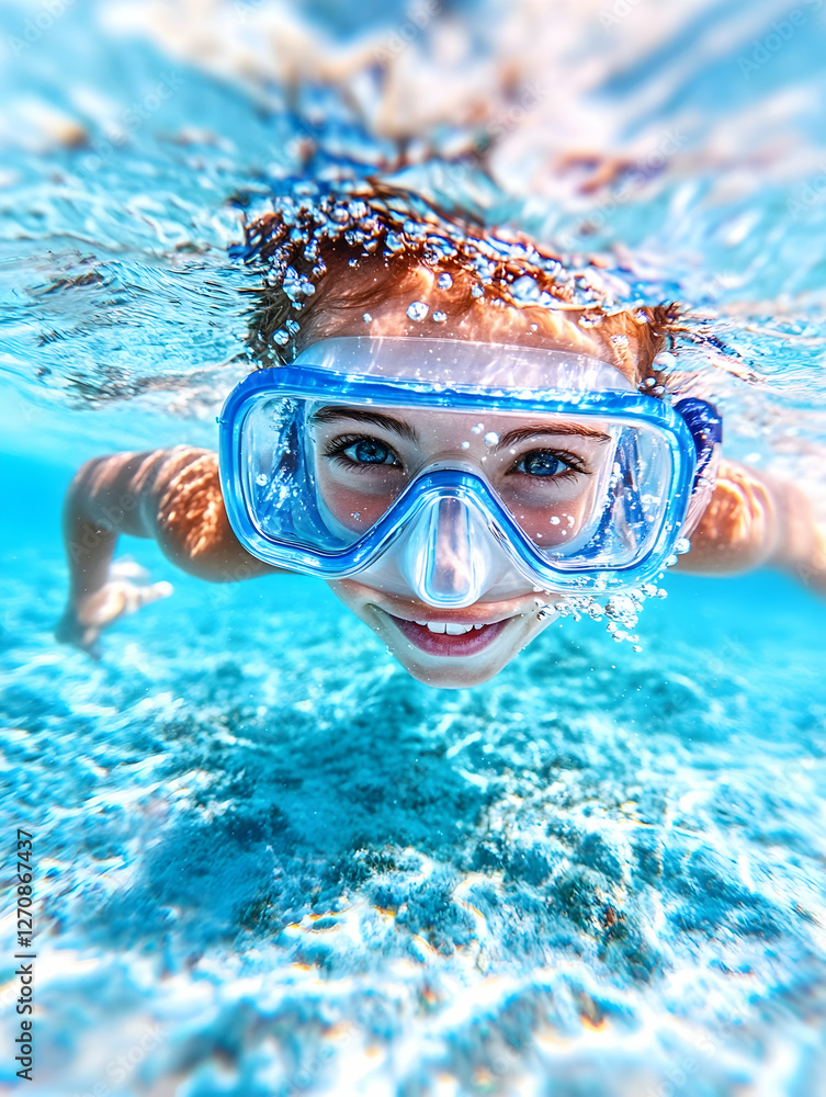 Fototapeta premium Girl swims underwater wearing a mask on a bright day for summer vacation ads