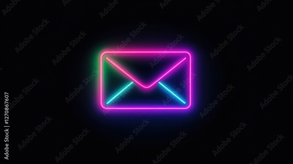 Neon envelope symbol glowing in vibrant colors on a black background during nighttime, representing modern communication and technology Neon envelope symbol glowing in vibrant colors on a black background during nighttime, representing modern communication and technology