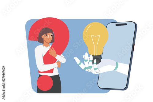 Idea is proposed by chatbot with artificial intelligence, poking light bulb out of smartphone for business woman. Positive girl uses chatbot with neural network to brainstorm and plan future