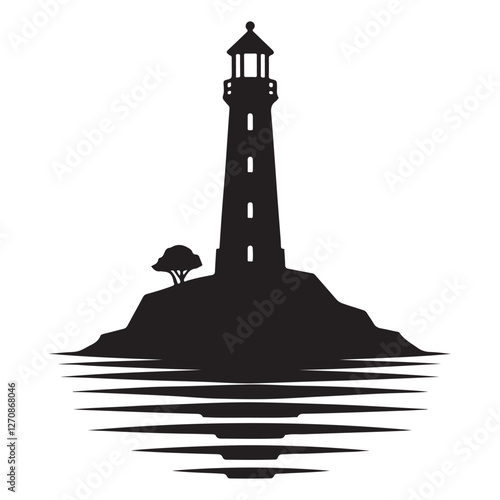 Silhouette Serene Lakeside Lighthouse Reflection Peaceful Scene Illustration