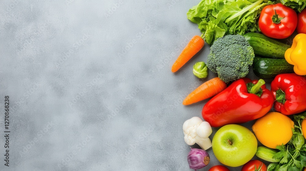 Fresh and Healthy Colorful Vegetables and Fruits Arranged on Gray Background for Nutrition and Food Concepts Fresh and Healthy Colorful Vegetables and Fruits Arranged on Gray Background for Nutrition and Food Concepts