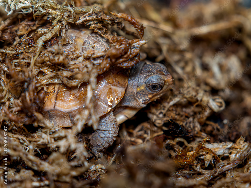 Fototapeta premium 水苔に潜るミツユビハコガメのベビー
