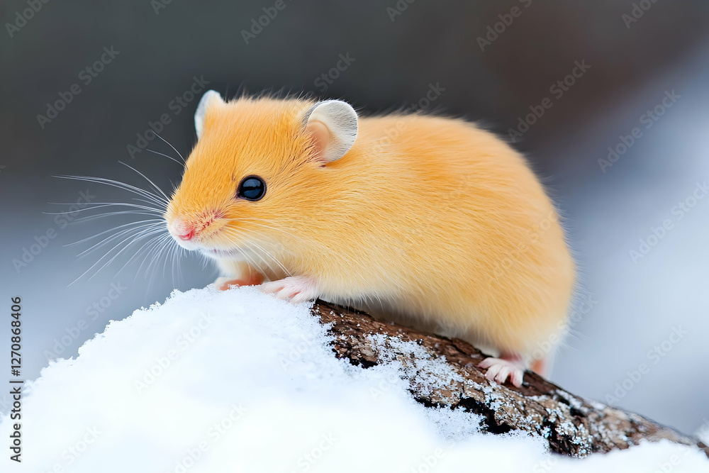Golden mouse resting on snow-covered wood for advertising animal care products Golden mouse resting on snow-covered wood for advertising animal care products