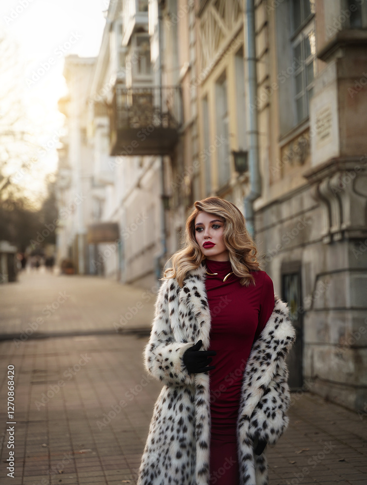 Fototapeta premium Beautiful blonde Slavic woman in a fur coat walks along the old streets.
