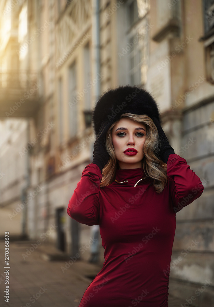 Fototapeta premium Beautiful blonde Slavic woman in a fur hat sits on a bench in the park.